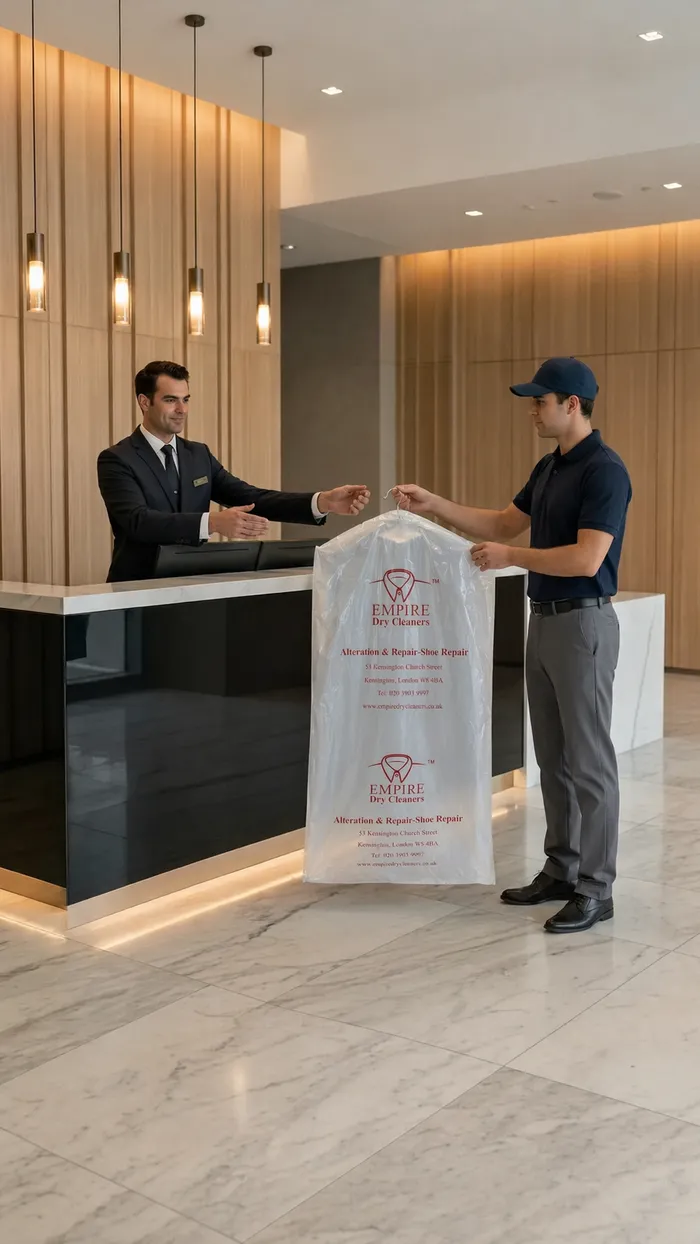 Freshly cleaned garment bag returned through a residential building reception